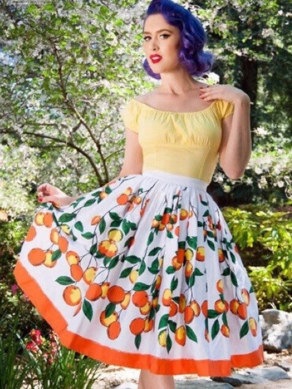 Pinup Couture White Skirt with Orange Fruit Print and Orange Hem
